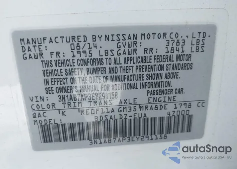 2014 Nissan Sentra Sv из США, поврежденный, VIN 3N1AB7AP3EY291158